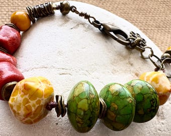 Green Turquoise Yellow Jasper Coral Bracelet Handmade Statement Boho with Buddha Charm