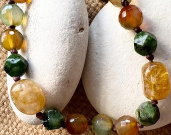 Agate African Turquoise Bracelet, Honey Quartz, Earthy Natural Boho Jewelry, Bronze Flower Charm