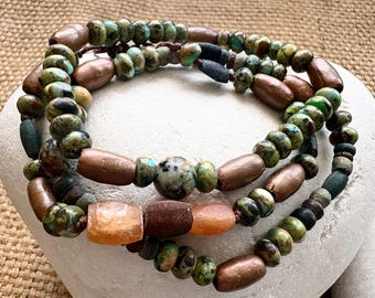 Afghan Desert Glass & Ethiopian Copper Bracelet Stack, African Turquoise, Handmade