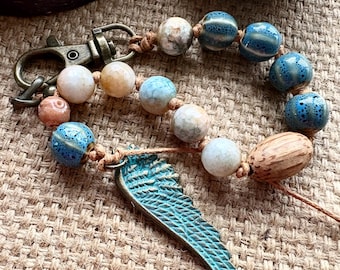 Agate Bracelet with Wood Vintage Ceramic, Coastal Boho Jewelry, Wing Dangle Charm Detail