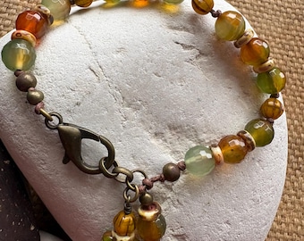 Agate Bracelet Czech Glass Earthy Woodland Style, Leaf Charm Detail