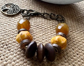 Yellow Jasper Honey Quartz Bracelet, Rustic Boho Jewelry, Coconut Wood, Tree of Life Charm