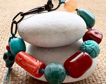 Chunky Carnelian Coral Agate Bracelet Vibrant Color Bold Boho Statement with Skull Charm