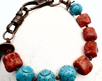 Sponge Coral and Turquoise Bracelet, Colorful Coastal Boho Jewelry