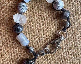 Labradorite Bracelet, African Recycled Glass Agate Jasper, Earthy Boho Style, Glass Heart Charm