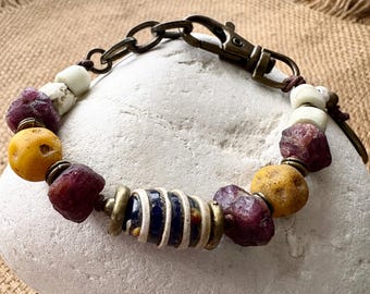 Raw Ruby Bracelet, Vintage Java Glass, Venetian Trade Beads, Thai Lampwork, Tree of Life Charm