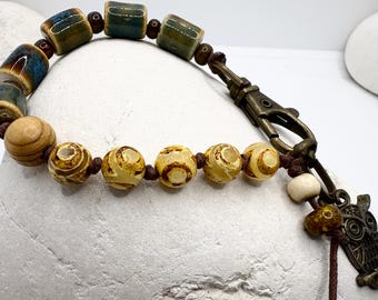 Tibetan Agate Dzi-Style Bracelet Ceramic Boho Beaded Stackable Adjustable Owl Charm