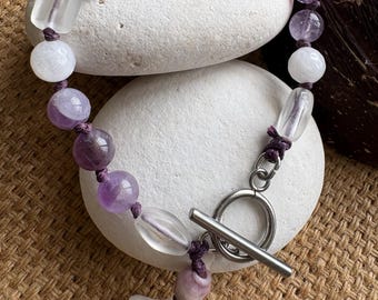 Opal Fluorite Amethyst Bracelet, Coastal Celestial Style,  Mother of Pearl Star Charm