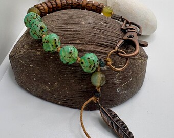 Green Picasso Czech Glass Bracelet, Earthy Boho Natural Jewelry