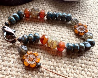 Aqua Terra Jasper Bracelet with Czech Glass, Earthy Boho Style,  Flower Dangle Charm