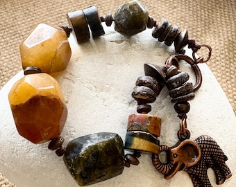Citrine Tourmaline Tiger’s Eye Bracelet, Chunky Boho Statement Gift for Her, Copper Elephant Charm