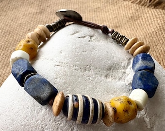 Lapis Lazuli Bracelet, Venetian Glass, Vintage Java Beads, Boho Handmade Gemstone Jewelry