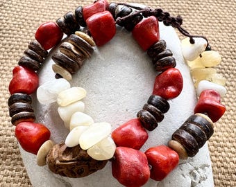 Sponge Coral Coconut Wood Bracelet Stack Set Handmade Adjustable Boho Gift