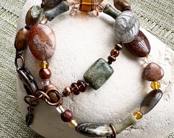 Gemstone Bracelet Stack Set, Jasper Agate, Quartz Hand-forged Copper Rustic with Charms