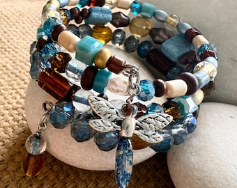 Crystal Memory Wire Wrap Bracelet Three Strand with Handmade Dragonfly Charm