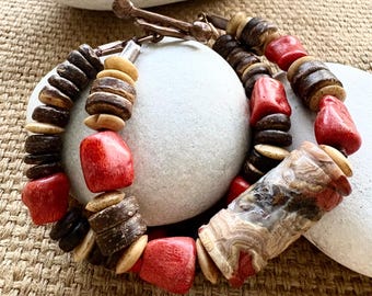 Tibetan Dzi Agate Bracelet Sponge Coral, Coconut Wood and African Bone, Double Strand, Boho
