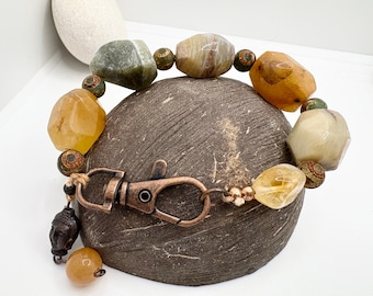 Chunky Gobi Agate Bracelet, Desert Eye Beads Bold Statement Gemstone Jewelry Buddha Charm