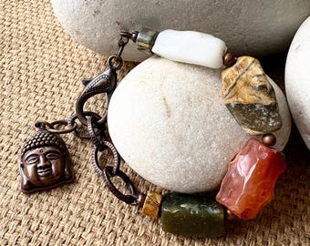 Chunky Gemstone Bracelet, Rustic Style, Jade, Carnelian, Chalcedony, Picture Jasper, Buddha Charm