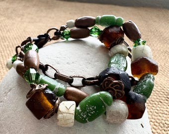 African Glass Bead Bracelet, Rustic Boho Copper 3-Strand Ethnic Jewelry, Adjustable, Handmade Charm