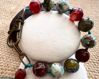 12mm Boho Mixed Gemstone Bracelet, Bold Statement Jewelry, Agate African Turquoise Jasper, Arrowhead Charm