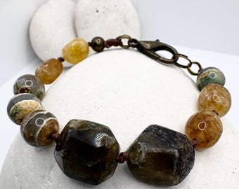 Labradorite, Dzi Agate Bracelet, Honey Quartz Bold Boho Statement Gemstone  Feather Charm