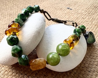 African Turquoise Bracelet Honey Quartz Agate Glass Earthy Boho Jewelry with Heart Charm