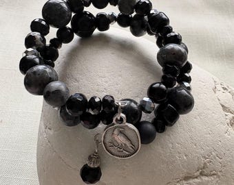 Double Wrap Memory Wire Bracelet with Labradorite, Onyx, and Raven Charm