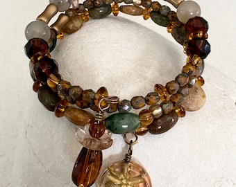 Dragonfly Memory Wire Bracelet with Jasper Agate and Czech Glass