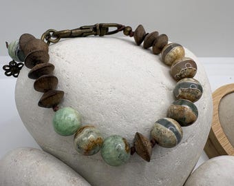 Agate and Wood Bracelet, Earthy Handmade Natural Boho Jewelry
