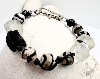 Lava Rock, Glass & Gemstone Bracelet, Earthy Natural Boho Jewelry
