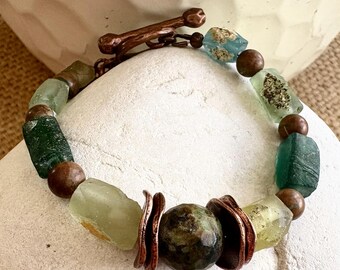 Ancient Roman Glass Moss Agate Bracelet Handmade Boho Style with Bird Charm