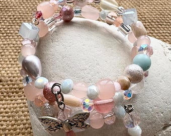 Pink Quartz Memory Wire Bracelet Handmade Double Wrap with Dragonfly Charm
