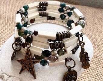 White Howlite Moss Agate Memory Wire Bracelet Set, Boho Stacked With Charms