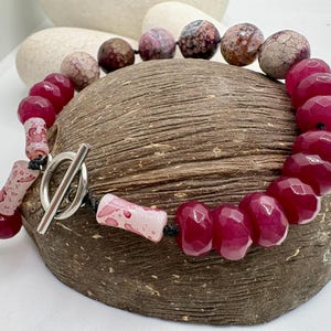 Ruby, Agate and Artisan Glass Large Bead Statement Bracelet with Charm