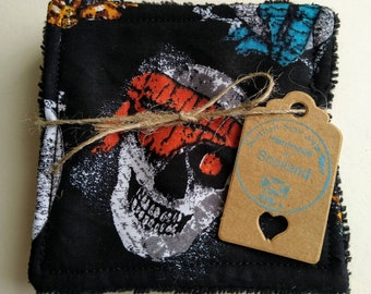 Make Up Cosmetic Mascara Removal Pads Face Wipes Cleansing. 5 X Skull Pirate Print Cotton & BLACK Bamboo Terry. For Man? Reusable,  Washable