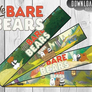 May include: Three printable bookmarks featuring the We Bare Bears cartoon characters. The bookmarks are in a green forest setting with the text "We Bare Bears" on each bookmark.