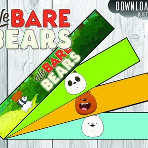 May include: Printable We Bare Bears party favor tags. Three tags feature the cartoon bears, Grizzly, Panda, and Ice Bear, on a green, orange, and blue background. The text "We Bare Bears" is on the top of each tag.
