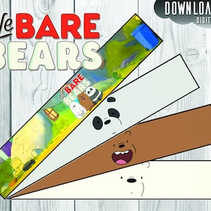 May include: Printable We Bare Bears bookmark set with four different designs. Each bookmark features a different bear character from the show. The bookmarks are white with a colorful cartoon image of the bear.