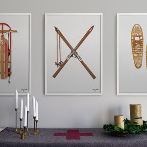 Vintage Outdoor Prints of old wooden Skis, Sled, Snow Shoes Illustrated Prints. Fun Winter Decoration for Home, Nursery, Kid's Room, Office.