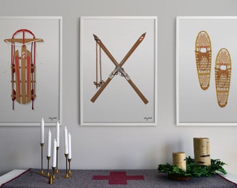 Vintage Winter Sports Prints: Skis, Sled, Snowshoes Art Set