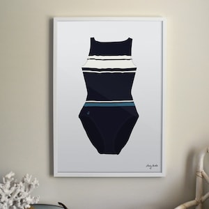 Vintage Bathing Suit Illustrated Print in Navy, Red or Black with Stripes. Perfect for a Nautical, Lake, Ocean, Home Decor, Office