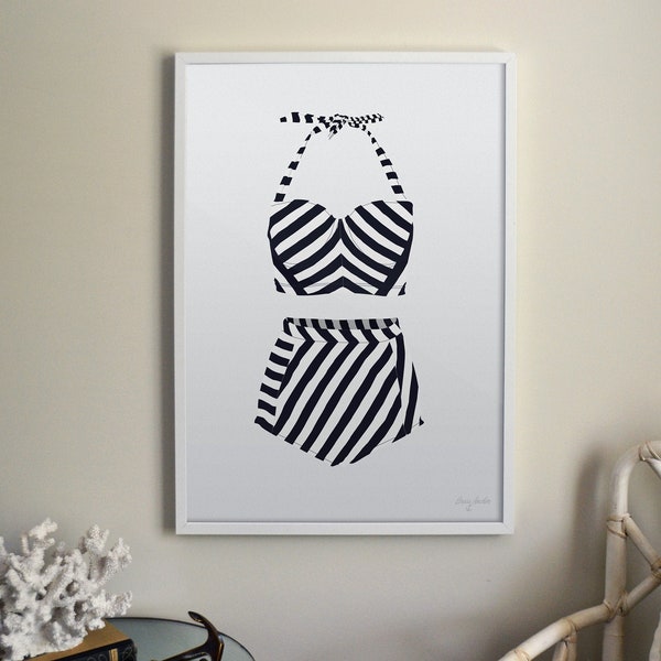 Vintage Bathing Suit Two Piece Illustrated Print in Blues or Black with Angled Stripes High Waste Fit