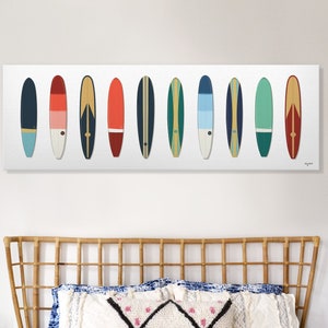 Vintage Surfboard Collection, Large Size Illustrated Canvas Print. Surfer, Beach, Boho, Summer Decoration, Lake Home, Ocean Beach House.