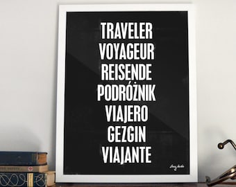 Traveler Sprachen Poster: Schwarz weiss Druck (Digitaler Download)