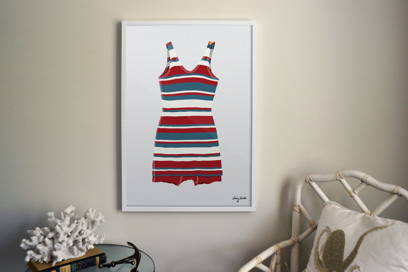Illustrated Print of Vintage Bathing Suit Red White Blue - Etsy