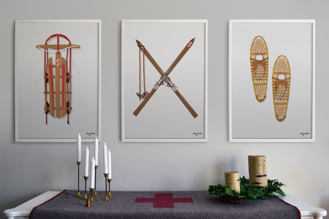 Vintage Outdoor Prints of Old Wooden Skis, Sled, Snow Shoes Illustrated