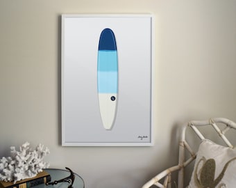 Vintage Raglan Surfboard Ombre Azul o Rojo Ilustrado Impresión. Decoración de verano, casa del lago, océano.