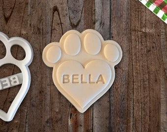 Heart Paw Print Cookie Cutter, Custom Name Stamp