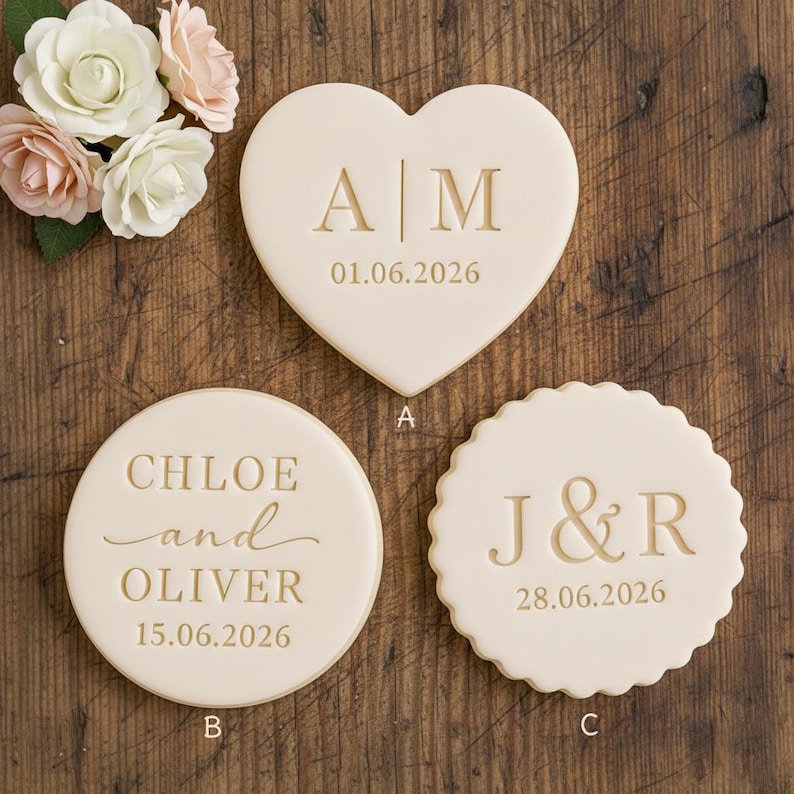 Carimbo personalizado para biscoitos de casamento, relevo personalizado para biscoitos de fondant, utensílio de confeitaria, lembrancinha de festa, recordação de aniversário. imagem 2