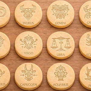 Pode incluir: Doze bases redondas com símbolos do zodíaco gravados em castanho claro. Cada base apresenta um signo astrológico diferente, incluindo Áries, Touro, Gêmeos, Câncer, Leão, Virgem, Libra, Escorpião, Sagitário, Capricórnio, Aquário e Peixes.